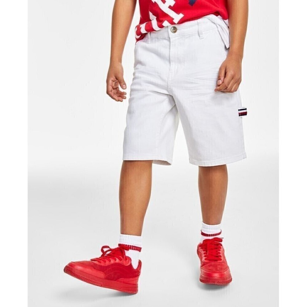 Tommy Hilfiger Big Boys Denim Carpenter Shorts 90s Logo Flag Bright White
